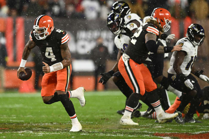 Dec 17, 2022; Cleveland, Ohio, USA; Cleveland Browns quarterback Deshaun Watson (4) runs with the ball during the second half against the Baltimore Ravens at FirstEnergy Stadium.
